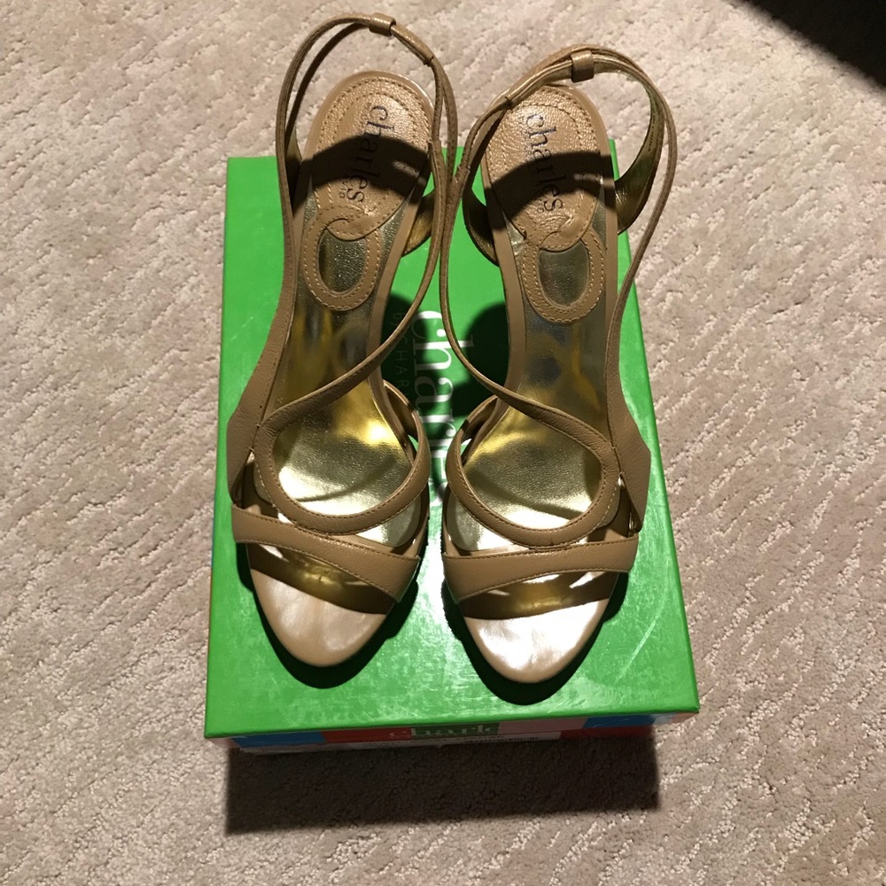 Camel colored leather strappy heels